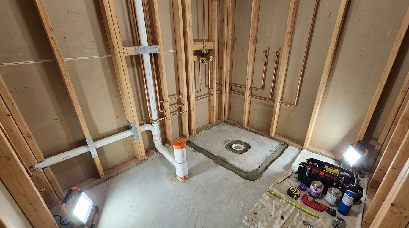 Bathroom rough-in plumbing during remodel by Johns Plumbing LLC in Schererville
