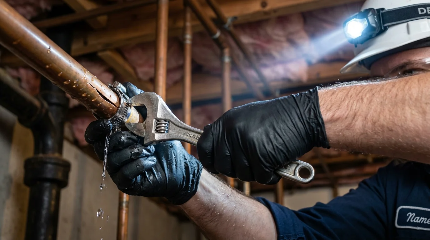 Emergency pipe clamp repair being performed by a Johns Plumbing LLC plumber in Schererville