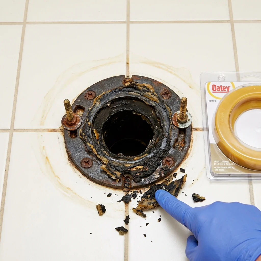 Failed wax ring showing water seepage at the base of a toilet in a Schererville, IN home