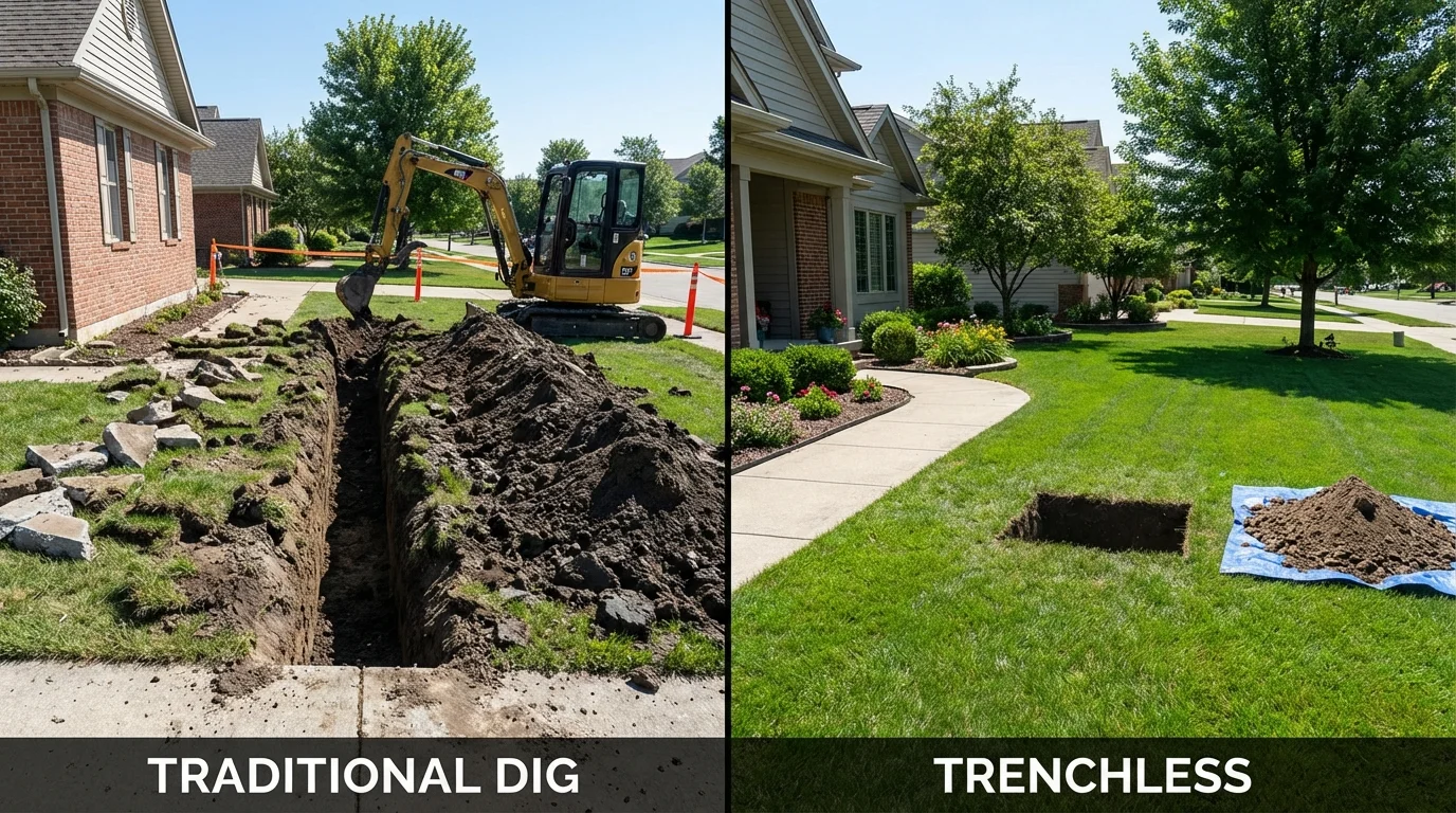 Trenchless sewer repair with minimal yard damage versus traditional excavation in Schererville, IN