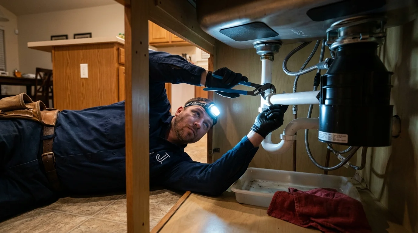 P-trap and supply line connections under a kitchen sink showing a common leak point in Schererville, IN
